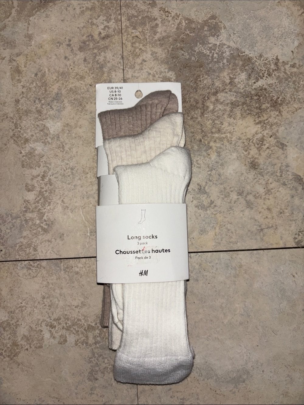 NWT H&M 3-Pack Long Socks in White, Cream, and Brown size 8-20 one white, beige